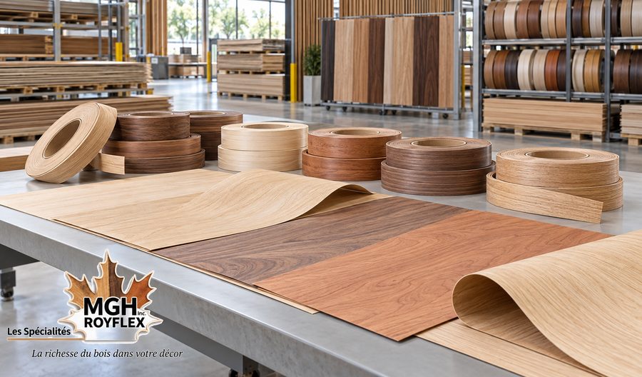 Bandes de chant et feuilles de placage de bois en atelier — distribuées par MGH inc. ROYFLEX