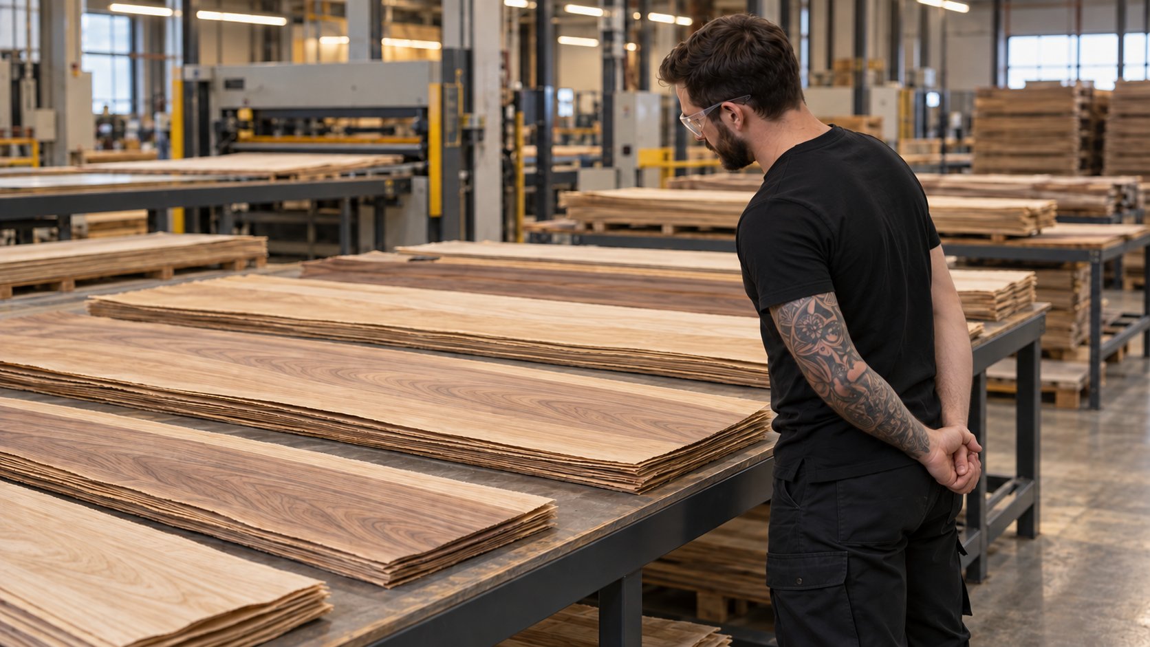 Employé de Placages Xpress déroulant une feuille de placage de bois dans notre atelier de production