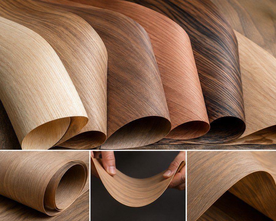 Flexible wood veneer sheets, curled to show the flexibility of Royflex products