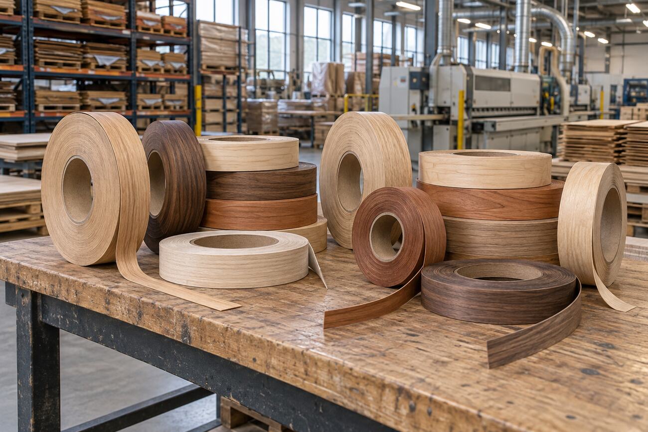 Rolls of wood edge banding in several species in a workshop