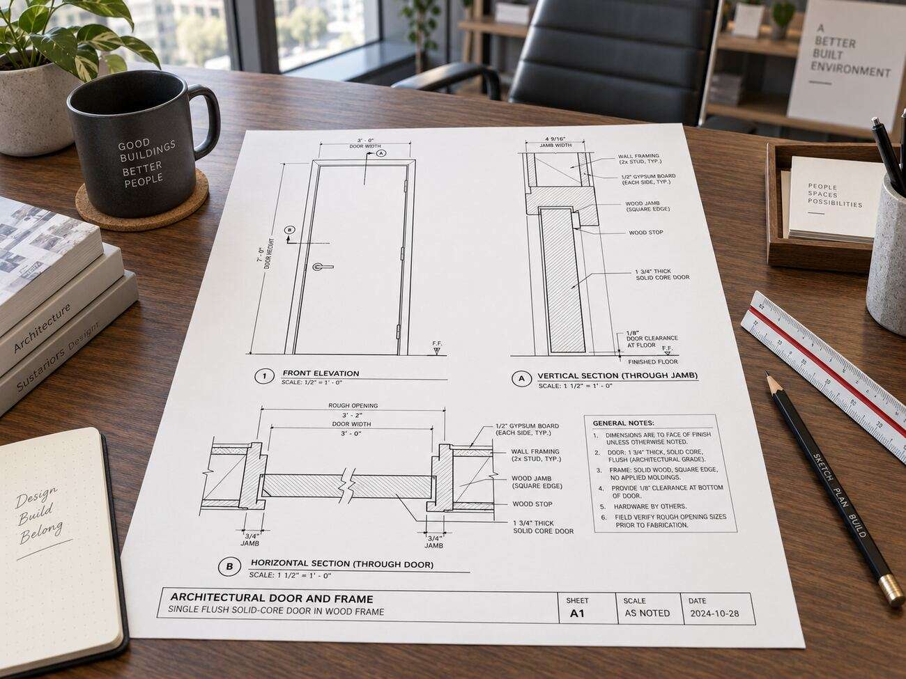 Plan technique d'un cadre de porte en bois avec dimensions détaillées