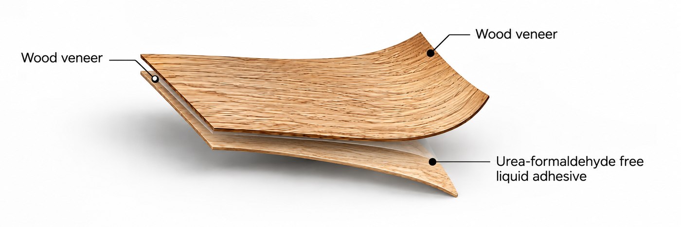 Diagram of wood veneer bonded with a urea-formaldehyde-free liquid adhesive