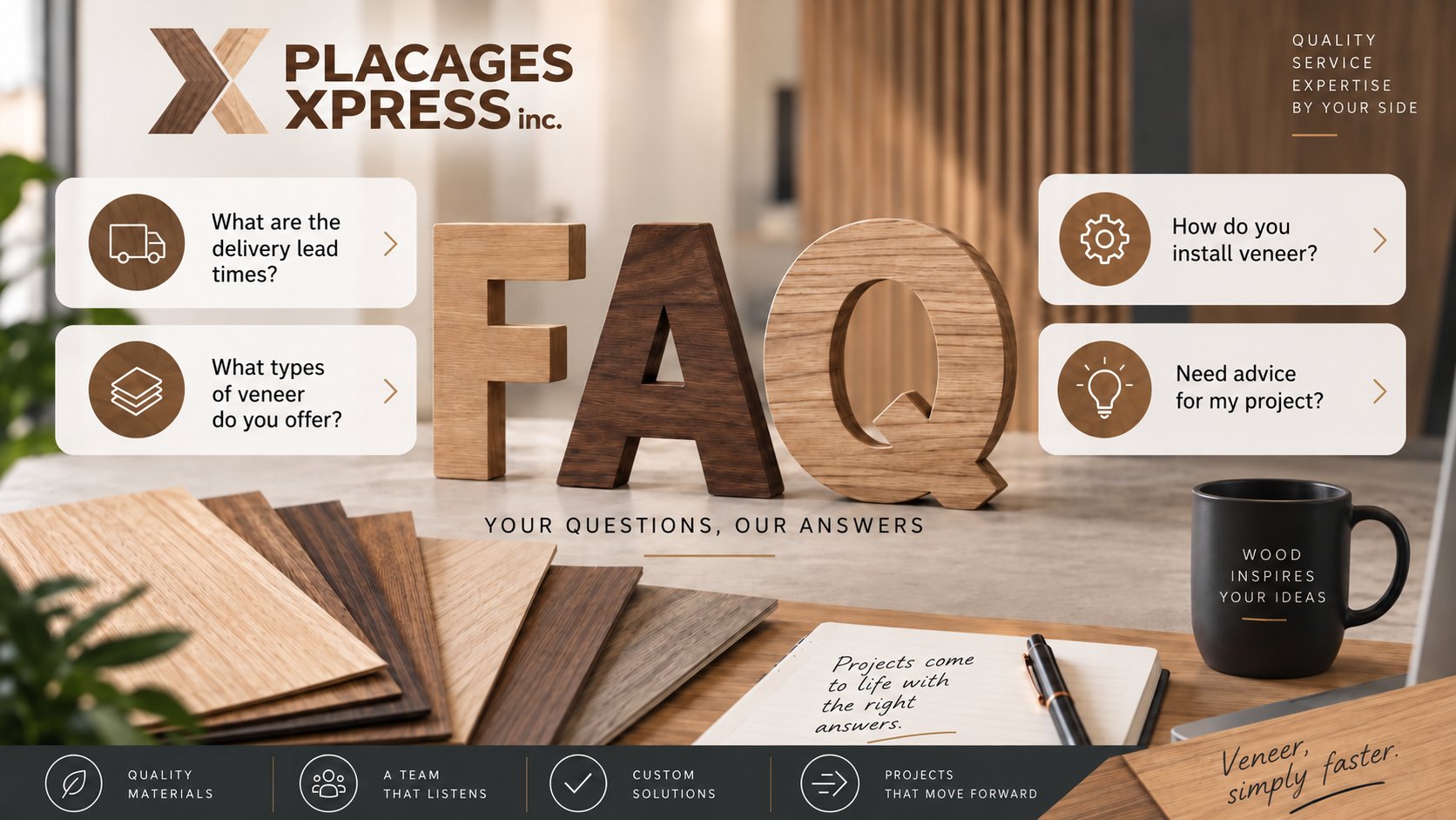 Placages X Press inc. FAQ banner: wood veneer samples on a desk, illustrating frequently asked questions — delivery times, veneer types, veneer installation and project tips.