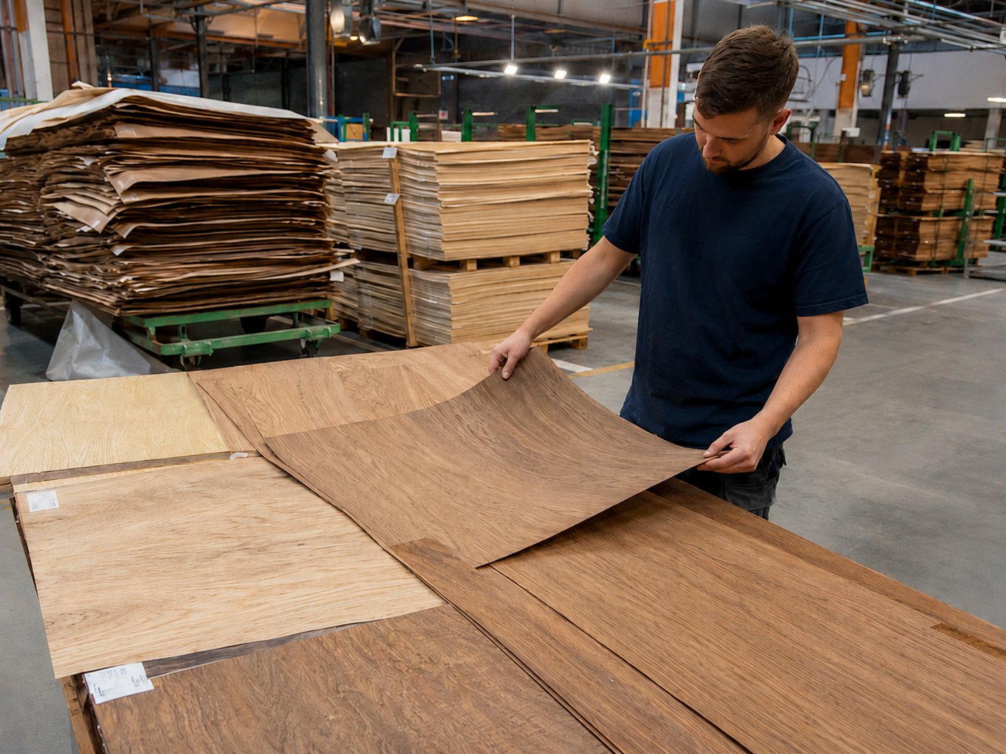 Placage de bois en cours de fabrication sur la chaîne de production