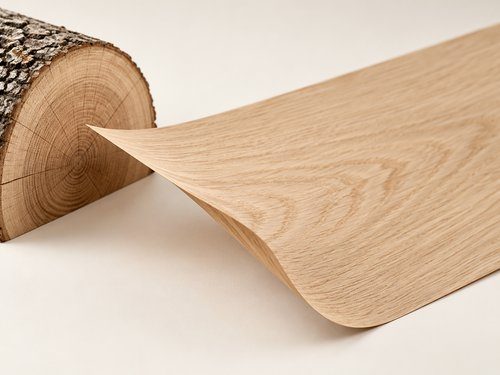 Feuille de placage de chêne naturel courbée à côté d'une bille de bois