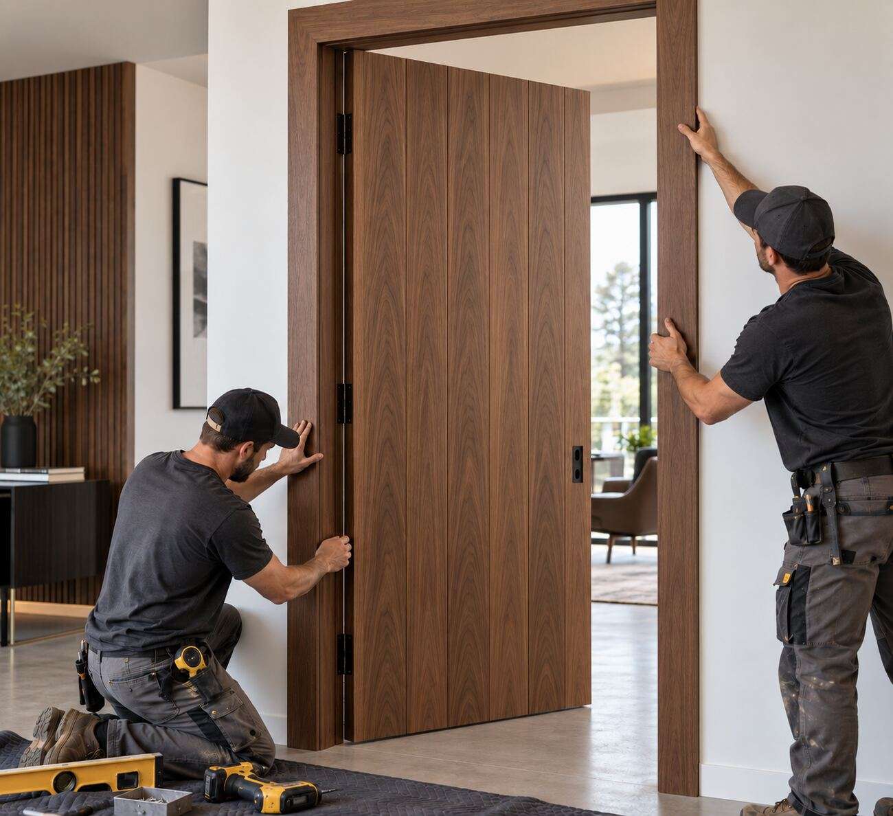 Installation professionnelle d'un cadre de porte en placage de noyer