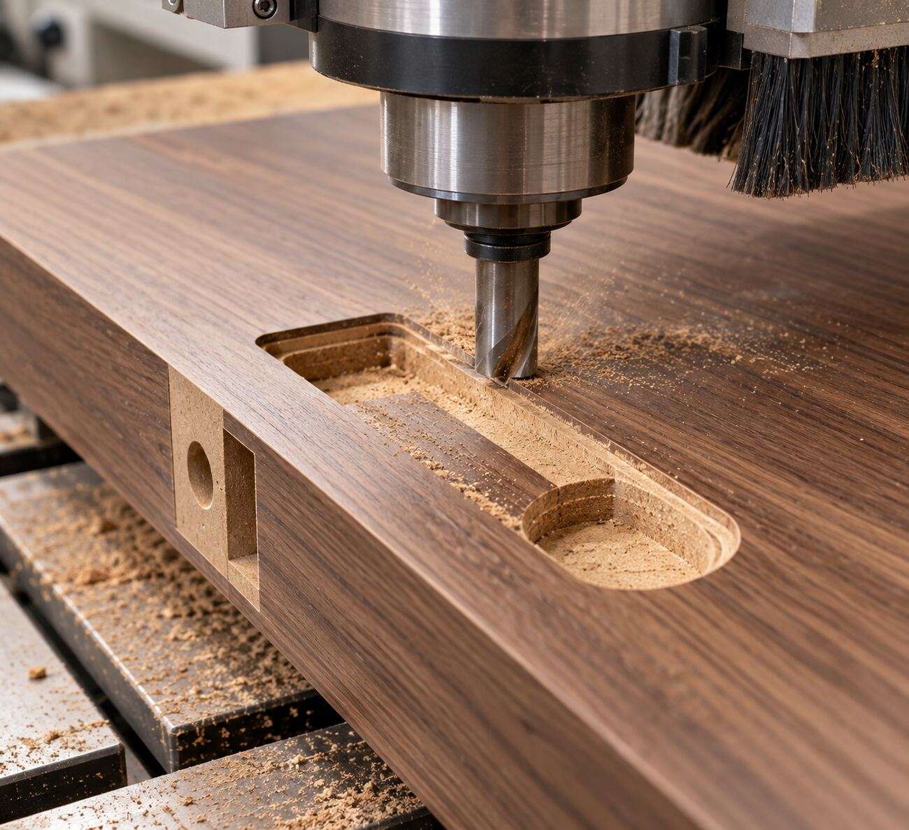 Machinage CNC de précision sur un panneau de porte en placage de noyer