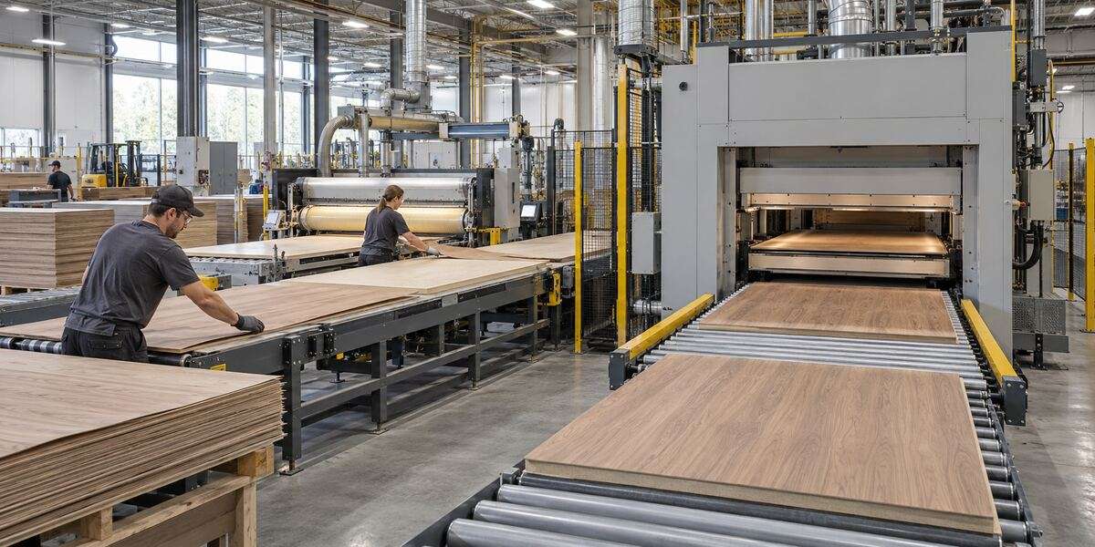 Chargement de panneaux plaqués de bois dans une presse à chaud industrielle