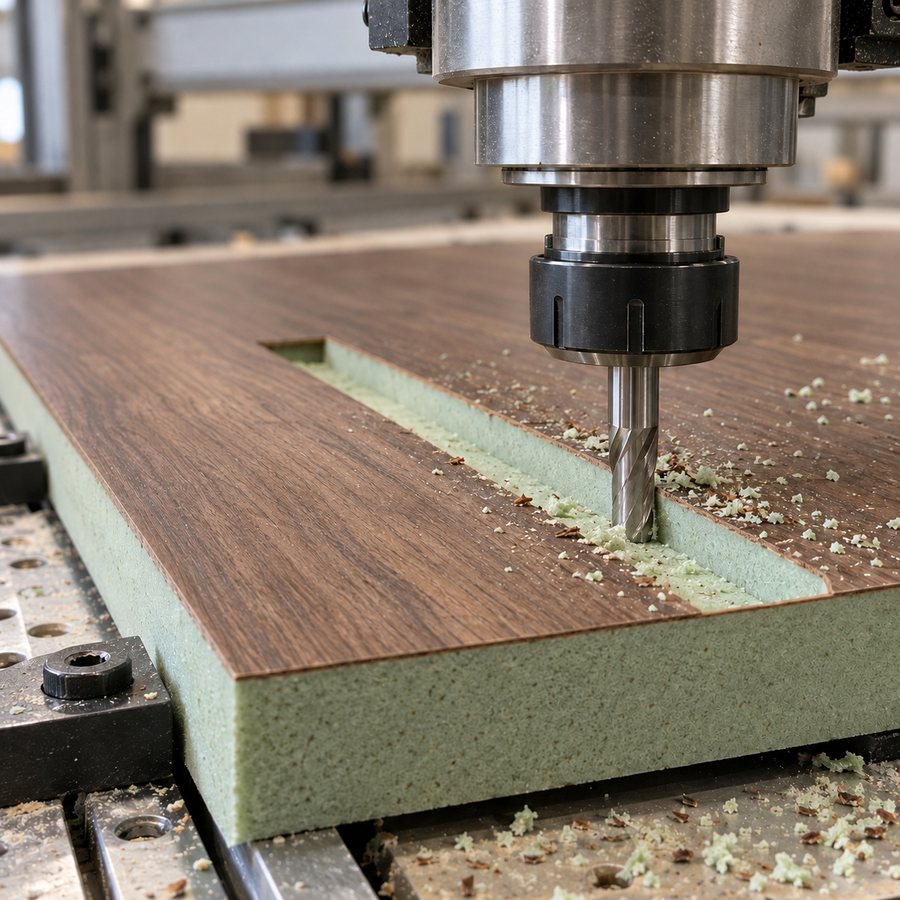 CNC routing of a walnut-veneered Royflex Éco+ panel with the green core visible