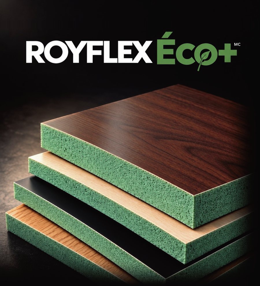 Royflex Éco+ panels with a green recycled PET foam core, veneered with real wood