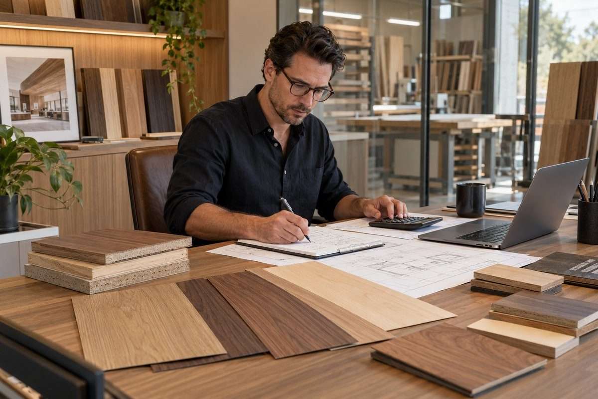 Étude d'un projet de soumission avec échantillons de bois et plans